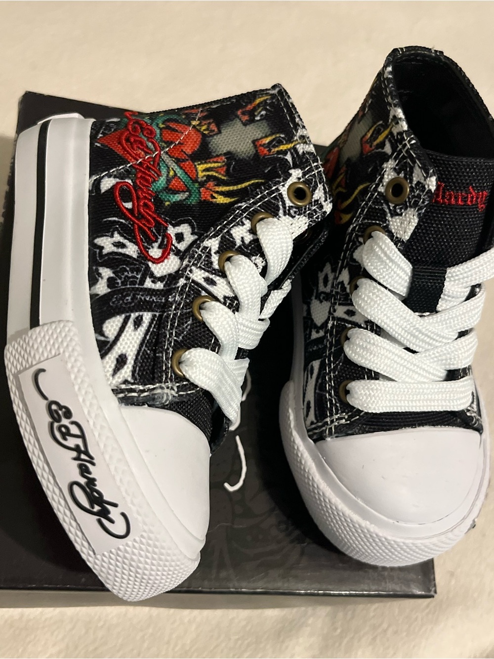 Ed Hardy Black and White Kids Graphic High-Top Sneakers